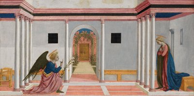 De annunciatie, predella paneel van het St. Lucy altaarstuk door Domenico Veneziano